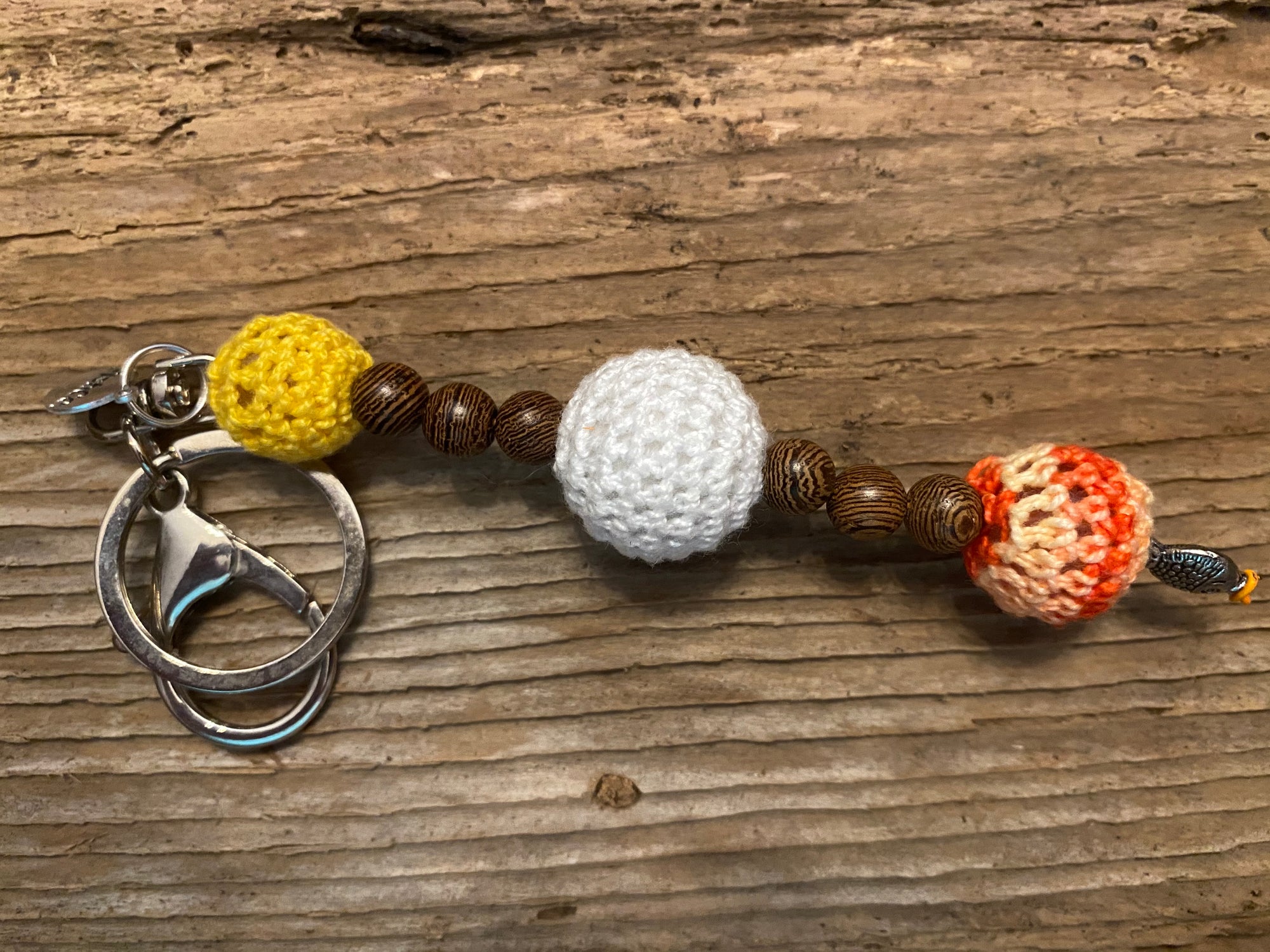 Shanga Keychain yellow, white and orange macramé beads with carved wooden accents