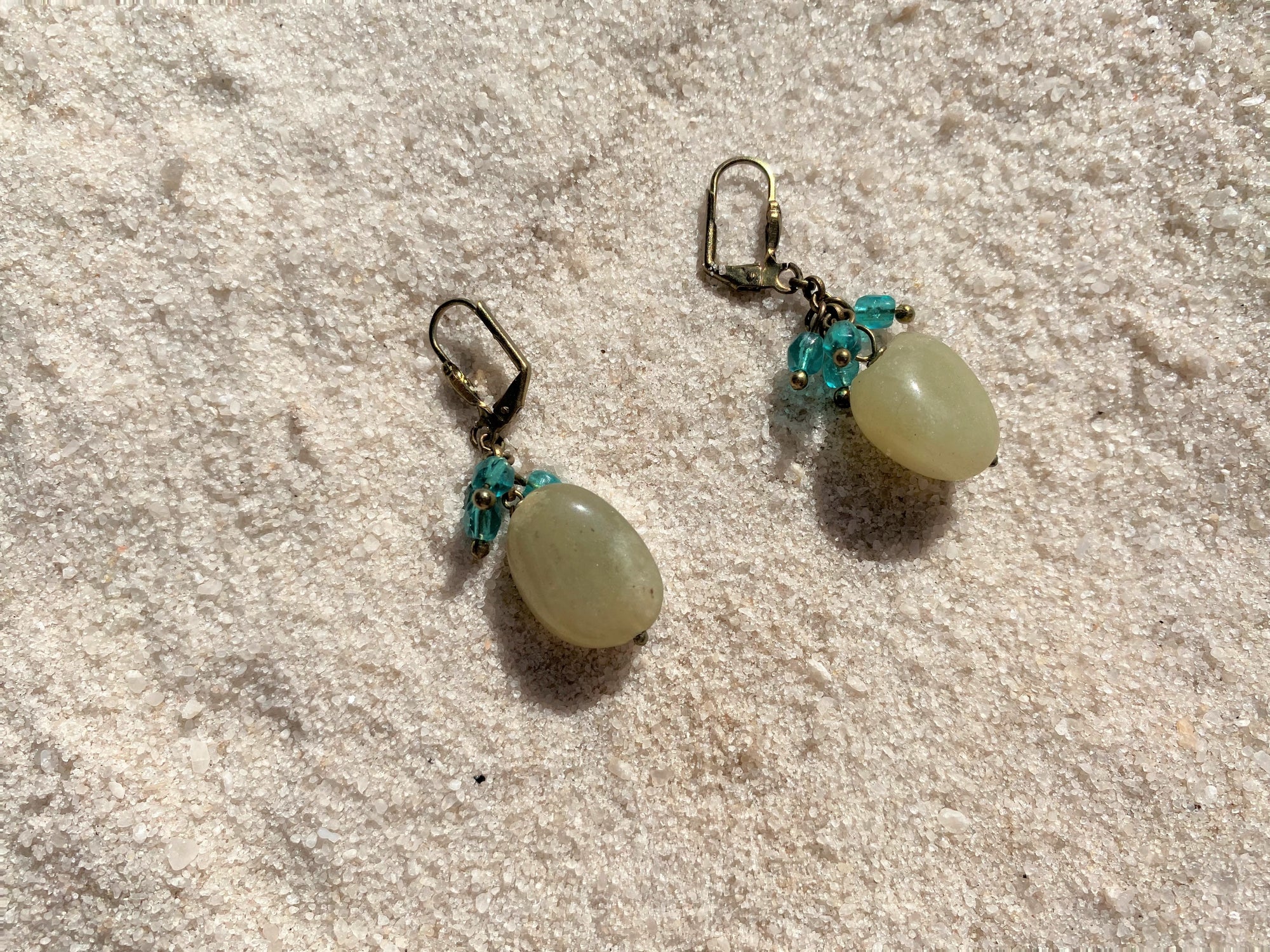 Olive Teardrop Stone Earrings with Teal Glass Clusters