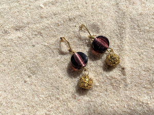 Round Glass Earrings with plum discs and golden accents