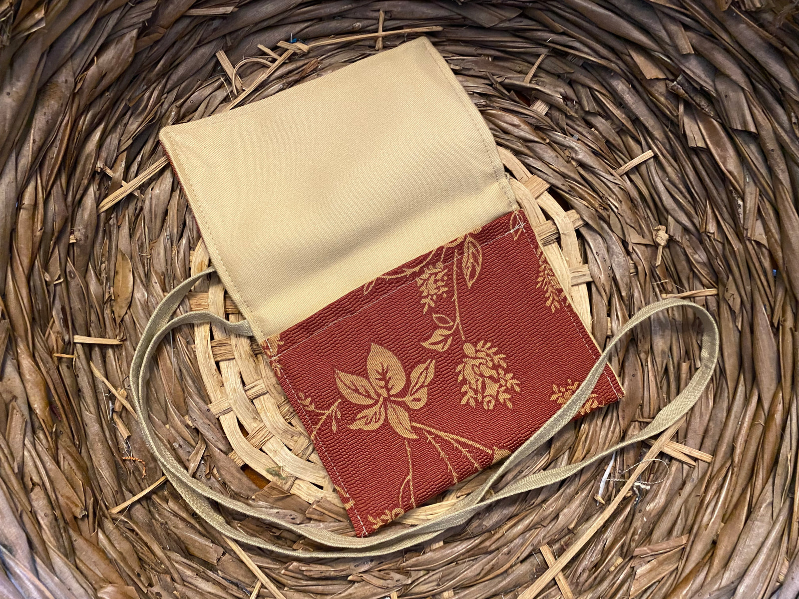 Small Satchel rust and oatmeal flower pattern with velvety gold inside