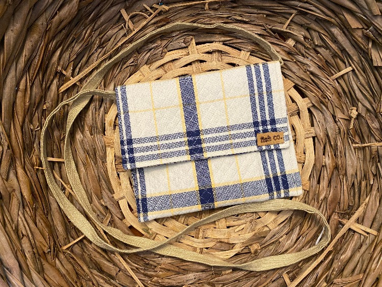 Small Satchel blue, cream and yellow plaid with blue and stone pattern inside