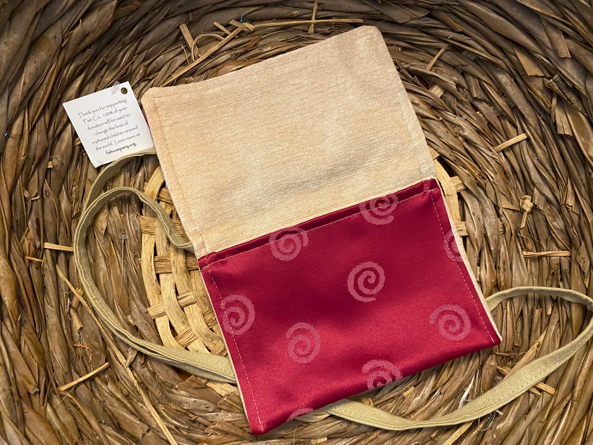 Small Satchel crimson on crimson satin pattern with oatmeal velvet inside
